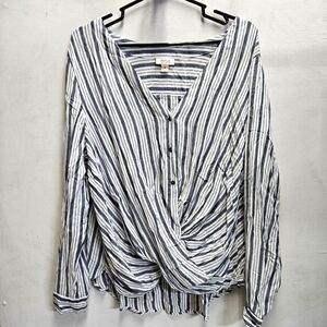 a.n.a. a new approach white/blue stripe button up criss cross shirt ~ womens XL